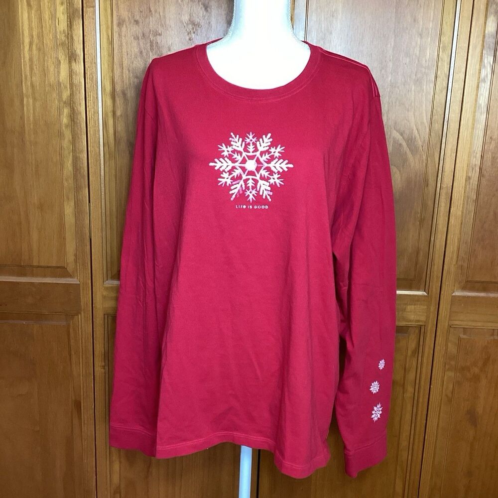 Life Is Good Womens XXL Crusher Tee T-Shirt Long Sleeve Red Snowflake